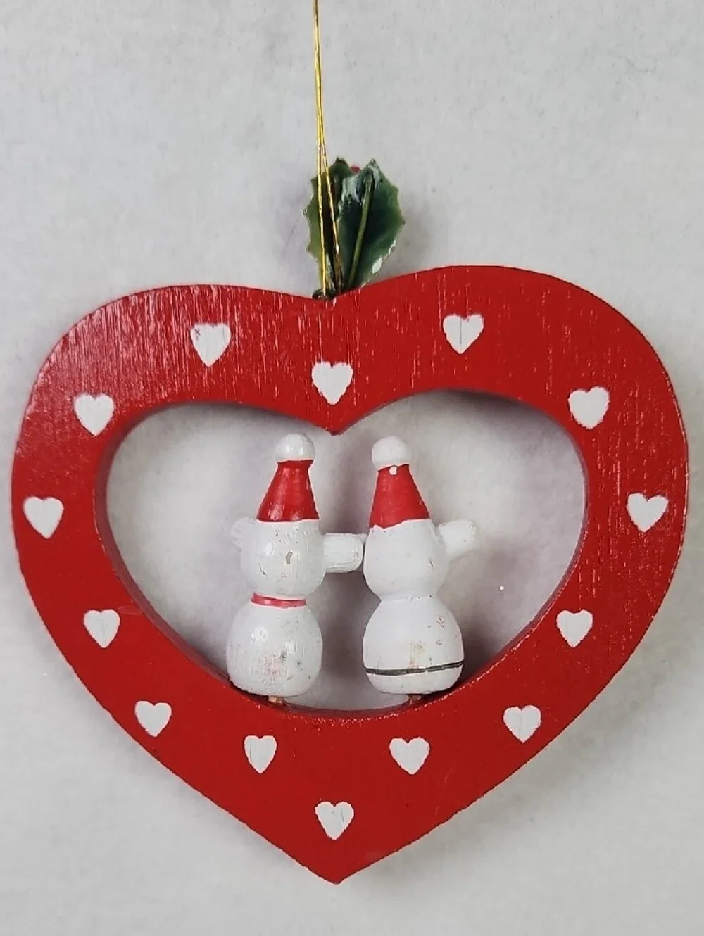 Avon Vintage 1980 Red and White Heart-Shaped Christmas  Ornament with Bear, Hats